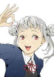 1girl :d absurdres arashi_chisato blue_jacket collared_shirt commentary double_bun dress dress_shirt grey_dress hair_bun highres jacket long_hair long_sleeves looking_to_the_side love_live! love_live!_superstar!! neck_ribbon ok_sign open_clothes open_jacket open_mouth red_eyes red_ribbon ribbon school_uniform shirt sideways_glance simple_background smile solo symbol-only_commentary tommer twintails upper_body white_background white_hair white_shirt winter_uniform yuigaoka_school_uniform