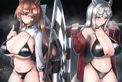 2girls animal_ears atago_(azur_lane) atago_(azur_lane)_(cosplay) atago_(stunning_speedster)_(azur_lane) azur_lane bad_id bad_pixiv_id bikini black_bikini blunt_bangs breasts brown_hair checkered_flag cleavage commentary_request cosplay cowboy_shot eyewear_on_head flag gold_ship_(umamusume) green_eyes grey_hair horse_ears horse_girl horse_tail index_finger_raised jacket kanikama25 large_breasts long_hair looking_at_viewer maruzensky_(umamusume) multicolored_bikini multiple_girls purple_eyes race_queen red_jacket shrug_(clothing) sleeve_cuffs standing sunglasses swimsuit taihou_(azur_lane) taihou_(azur_lane)_(cosplay) taihou_(enraptured_companion)_(azur_lane) tail two-tone_bikini umamusume wavy_hair