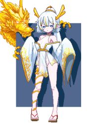 bare_legs bare_shoulders blue_eyes blue_heater_2 dragon dragon_girl dragon_horns dratana eastern_dragon glowing glowing_eyes gold_trim headpiece highres horns japanese_clothes kimono long_sleeves monster_girl non-web_source onatsurat patterned_clothing pixel_art pointy_ears ponytail roblox see-through_clothes shirt white_hair white_kimono white_scales white_shirt