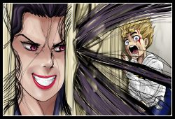 Rule 34 | 1boy, 1girl, anger vein, bad id, bad pixiv id, black hair, blonde hair, blood, blood on face, comic, diamond is not crash, evil grin, evil smile, grin, here&#039;s johnny! (meme), hirose koichi, jojo no kimyou na bouken, lipstick, love deluxe, makeup, meme, open mouth, parody, purple eyes, red eyes, red lips, shimotsuki kitsune, smile, spiked hair, stand (jojo), sweater, the shining, wrench, yamagishi yukako