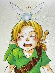 1boy absurdres belt blonde_hair blush brown_belt closed_eyes commentary commentary_request fairy green_hat green_tunic hat highres link male_focus navi nintendo nuruma_m0p open_mouth pointy_ears shirt short_sleeves shoulder_belt smile sword the_legend_of_zelda the_legend_of_zelda:_ocarina_of_time traditional_media tunic upper_body weapon weapon_on_back young_link