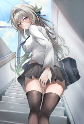 1girl absurdres bag black_hairband black_thighhighs blue_neckerchief blue_pupils blush closed_mouth commentary_request eitei_(20041204) firefly_(honkai:_star_rail) from_behind from_below gradient_hair grey_hair grey_skirt hair_between_eyes hair_ornament hair_ribbon hairband highres honkai:_star_rail honkai_(series) miniskirt multicolored_eyes multicolored_hair neckerchief on_stairs panties pleated_skirt pout ribbon sailor school_bag shirt skirt solo thighhighs thighs two-tone_eyes underwear white_panties white_shirt window