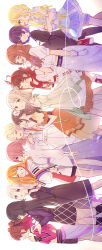 6+girls absurdres arimura_mao bare_shoulders black_dress blonde_hair blue_eyes braid brown_hair clenched_hand closed_eyes clumsy_trick_(idolmaster) cropped_jacket crossed_arms dress earrings elbow_gloves everyone fighting_my_way_(idolmaster) fluorite_(idolmaster) frilled_thigh_strap fujita_kotone gakuen_idolmaster gloves grey_hair grin hair_bun hair_ornament hakusen_(idolmaster) hanami_saki hanami_ume hand_on_another&#039;s_shoulder hand_on_own_chest hand_to_own_mouth hataya_misuzu highres himesaki_rinami holding_baton idolmaster jacket jewelry juo_sena katsuragi_lilja koukei_(idolmaster) kuramoto_china long_hair looking_at_viewer looking_back looking_to_the_side luna_say_maybe_(idolmaster) midriff multiple_girls navel one_eye_closed orange_dress orange_eyes orange_hair pink_hair pink_jacket purple_eyes purple_hair sekaiichi_kawaii_watashi_(idolmaster) shinosawa_hiro shiun_sumika short_hair sideways smile tamago_sando tame-lie-one-step_(idolmaster) the_rolling_riceball_(idolmaster) thigh_strap tsukimura_temari twin_braids two_side_up walking waving white_background white_gloves white_jacket wonder_scale_(idolmaster) yellow_eyes