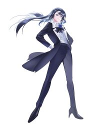 1girl ado_(utaite) black_bow black_bowtie black_coat black_hair black_pants black_shoes blue_eyes blue_flower blue_rose bow bowtie brooch chando_(ado) coat commentary_request flower flower_brooch full_body high_heels highres jewelry mole mole_under_eye open_clothes open_coat pants rose shirt shoes simple_background solo usui_usui utaite white_background white_shirt