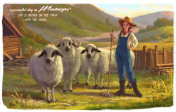 1girl animal bandana blue_overalls boots border brown_hair cowboy_hat dao_dao english_text fence full_body grass hand_on_own_hip hat highres holding holding_mop long_sleeves looking_at_viewer mop neckerchief original outdoors overalls postcard red_bandana sheep shirt smile solo standing straw_hat white_border white_shirt wooden_fence