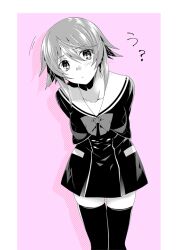 1girl :o arms_behind_back blush bow breasts chaos;child chest_bow cleavage collarbone confused cropped_jacket dress dress_vest hair_between_eyes hekiho_academy hekiho_academy_school_uniform ikuhashi_muiko jacket leaning_forward long_sleeves looking_at_viewer medium_breasts monochrome onoe_serika pink_hair sailor_collar school_uniform short_hair short_hair_with_long_locks sidelocks skirt solo thighhighs white_sailor_collar zettai_ryouiki