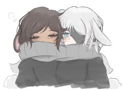 2girls animal_ears black_robe blue_eyes brown_hair closed_eyes dark-skinned_female dark_skin faust_(project_moon) grey_scarf heishou_pack-mao_branch_(identity)_(project_moon) highres limbus_company multiple_girls outis_(project_moon) project_moon rabbit_ears rabbit_tail robe scarf shared_clothes shared_scarf short_hair sidelocks simple_background tail torimodoki_0 white_background white_hair