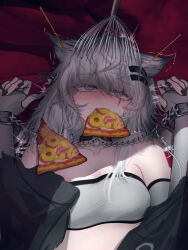 1girl absurdres animal_ear_fluff animal_ears arknights bandeau bare_shoulders black_jacket chain collar collarbone commentary_request ear_cleaning fangs food food_in_mouth grey_eyes grey_hair highres jacket lappland_(arknights) long_hair lying mebe_(teadia_violet) mimikaki on_back pineapple_on_pizza pizza restrained saliva scalp_massager scar scar_across_eye scar_on_face sharp_teeth solo teeth uncommon_stimulation upper_teeth_only white_bandeau wolf_ears wolf_girl
