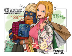 1boy 1girl 1other akabi_(gunspike) alternate_hairstyle arm_around_shoulder bag blonde_hair blue_gloves blue_headwear braid braided_ponytail breasts cameo cammy_white capcom casual chun-li commentary covered_mouth dark-skinned_male dark_skin dated dating el_fuerte english_commentary facial_scar fingerless_gloves forehead gloves goggles goggles_on_head gunspike hair_pulled_back height_difference hershuar hetero jacket jewelry korean_text large_breasts long_hair looking_at_viewer necklace open_mouth pink_sweater plaid_clothes plaid_jacket receipt scar scar_on_cheek scar_on_face shiba_shintarou shopping shopping_bag sleeveless street_fighter sweater translation_request turtleneck turtleneck_sweater twin_braids