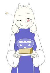 1girl animal_ears blush breasts closed_mouth dress fangs female_focus food furry furry_female goat_ears hands_up happy holding horns light_blush long_sleeves looking_at_viewer medium_breasts one_eye_closed pie plate purple_dress red_eyes simple_background smile solo standing star_(symbol) toriel undertale upper_body white_background wink xan_(xan0712)