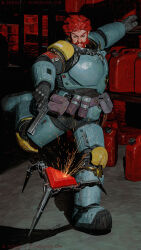 Rule 34 | 1boy, armor, artist name, beard, belt pouch, blue eyes, explosive, facial hair, frown, gun, handgun, highres, jerry can, kicking, mine (weapon), pawn (rimworld), pouch, power armor, red hair, revolver, rimworld, robot, shelf, solo, sparks, trigger discipline, weapon, zezhou chen