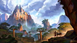 1girl africa animal chinnkun cliff cloud cloudy_sky dragon fantasy from_behind landscape lion mountain original painterly rock signature sky tree water waterfall