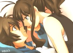 1boy 1girl antenna_hair blue_jacket brown_hair face-to-face hand_on_another&#039;s_face hetero hilbert_(pokemon) hilda_(pokemon) jacket nintendo parted_lips pokemon pokemon_adventures shirt signature white_shirt wia_vi