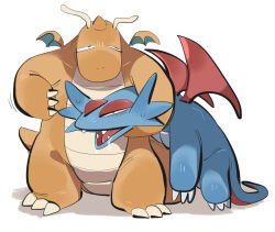 :v animal_focus claws creatures_(company) dragon dragonite expressionless fangs full_body game_freak gen_1_pokemon gen_3_pokemon grabbing_from_behind looking_afar nintendo no_humans pokemon pokemon_(creature) restrained salamence saliva simple_background standing tirarizun white_background white_eyes