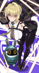 1girl absurdres black_gloves black_jacket black_pants black_shoes blush breasts chest_belt closed_mouth collared_shirt elbow_gloves evelyn_chevalier gloves hanging_breasts highres jacket large_breasts leather leather_pants looking_at_viewer medium_hair mole mole_under_eye pants shirt shoes sleeveless sleeveless_shirt solo white_shirt yamada_otonari zenless_zone_zero