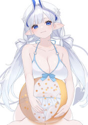 Rule 34 | 1girl, absurdres, ball, bare arms, bare legs, bare shoulders, beachball, bikini, blue eyes, breasts, cleavage, closed mouth, collarbone, commentary request, feet out of frame, frilled bikini, frills, grey hair, hashiko nowoto, head tilt, highres, horns, large breasts, long hair, looking at viewer, low twintails, navel, original, pointy ears, simple background, sitting, smile, solo, swimsuit, transparent, twintails, very long hair, wariza, white background, white bikini