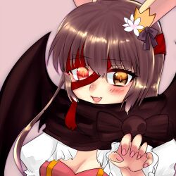 Rule 34 | 1girl, arch bishop (ragnarok online), bandaged head, bandages, black scarf, black wings, blush, bow, breasts, brown bow, brown hair, claw pose, cleavage, cleavage cutout, clothing cutout, commentary request, dress, fang, fingernails, flower, glowing, glowing eye, hair bow, hair flower, hair ornament, heterochromia, long hair, looking at viewer, medium breasts, open mouth, pink background, pink eyes, pink nails, ragnarok online, red dress, scarf, shirokuro (erisnoa), simple background, skin fang, smile, solo, two-tone dress, upper body, white dress, white flower, wings, yellow eyes