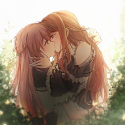 2girls bang_dream! bang_dream!_it&#039;s_mygo!!!!! blue_eyes blush brown_hair chihaya_anon chinese_commentary clothing_cutout commentary_request earrings eye_contact film_grain flower grey_eyes hair_flower hair_ornament half_updo hand_on_another&#039;s_head highres hug jewelry kiss light_particles long_hair looking_at_another multiple_girls muonrei00 nagasaki_soyo pink_hair see-through_clothes see-through_sleeves short_sleeves shoulder_cutout sidelocks upper_body yuri