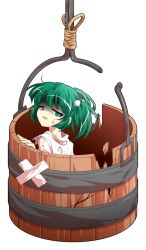 1girl bandaid bucket commentary_request dairi damaged furrowed_brow green_eyes green_hair hair_bobbles hair_ornament in_bucket in_container japanese_clothes kimono kisume large_variant_set looking_at_viewer open_mouth shaded_face short_hair smile solo sweatdrop tachi-e torn_clothes torn_kimono touhou transparent_background two_side_up variant_set white_kimono