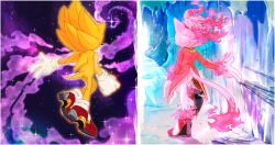 1boy 1girl blaze_the_cat burning_blaze cat cat_girl cat_tail earth_(planet) facing_away fiery_hair fire flame-tipped_tail flying furry gloves hedgehog_boy highres ice planet sonic_(series) sonic_rush sonic_the_hedgehog space split_theme star_(sky) starburstsonic super_sonic tail walking