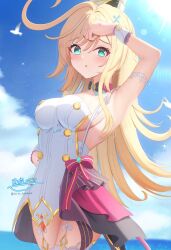 1girl :o bird blonde_hair blue_eyes blue_sky blush bow breasts cloud commentary_request dress escoffier_(genshin_impact) fork_hair_ornament genshin_impact hand_up heart heart_in_eye highres hyakuya_iori large_breasts long_hair looking_at_viewer outdoors red_bow sideboob signature sky solo sunlight symbol_in_eye thighhighs twitter_username very_long_hair white_bird white_thighhighs white_wrist_cuffs wrist_cuffs
