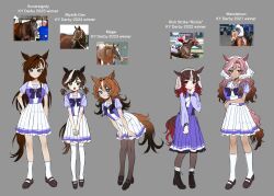 5girls :3 absurdres animal_ears black_hair black_pantyhose blue_eyes boots bow bowtie breasts brown_eyes brown_hair brown_shoes character_name commentary dark-skinned_female dark_skin english_commentary english_text full_body genderswap genderswap_(mtf) gradient_hair green_eyes grey_background hair_bow hair_intakes highres horse_ears horse_tail horseshoe_ornament jewelry kentucky_derby lace-up_boots large_breasts loafers long_sleeves low_twintails mage_(racehorse) mandaloun_(racehorse) multicolored_hair multiple_girls mystik_dan_(racehorse) necklace original own_hands_together pantyhose personification pleated_skirt puffy_short_sleeves puffy_sleeves purple_bow purple_bowtie purple_shirt purple_skirt real_life red_eyes red_hair reference_inset rich_strike_(racehorse) sailor_collar sailor_shirt school_uniform semilebkuchen shirt shoes short_sleeves simple_background skirt sovereignty_(racehorse) standing streaked_hair swept_bangs tail thighhighs tracen_school_uniform twintails twitter_username umamusume veil wavy_hair white_bow white_bowtie white_hair white_skirt white_thighhighs