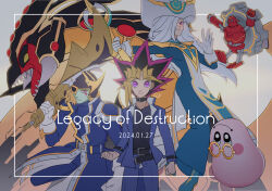 Rule 34 | 1girl, 2boys, black choker, black shirt, blue dress, blue jacket, blue pants, choker, colored skin, dated, dragon, dress, fake horns, fangs, gandora-g the dragon of destruction, gandora the dragon of destruction, glasses, gloves, green skin, hair over one eye, hat, helmet, holding, holding sword, holding weapon, horned helmet, horns, jacket, long hair, marshmallon, moremarshmallon, multicolored hair, multiple boys, muto yugi, pants, pink skin, purple eyes, quo (haizaraq), red gadget, shirt, silent magician, silent magician zero, silent swordsman, silent swordsman zero, smile, sword, tabard, weapon, white gloves, white hat, wizard hat, yellow eyes, yu-gi-oh!