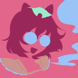 Rule 34 | 1girl, :d, animal ears, blowing smoke, brown hair, brown shirt, futatsuiwa mamizou, glasses, hair ornament, highres, leaf hair ornament, maskin mei, medium hair, minimalism, open mouth, pink background, raccoon ears, round eyewear, shirt, simple background, smile, smoke, solo, touhou