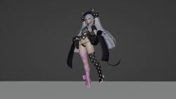 1girl 2023 3d adjusting_clothes animated asymmetrical_legwear ball bat_wings bikini black_bow black_cape black_panties black_sleeves black_thighhighs blunt_bangs bow bow_legwear breasts cape clothes_pull collar commentary deborah_(under_the_witch) demon_tail detached_collar detached_sleeves ewhitewolf fang female_focus fishnet_gloves fishnets floating full_body gloves groin hair_ornament headgear highres idle_animation juliet_sleeves loli long_sleeves looping_animation maid_headdress multiple_views nail_polish navel panties pink_lips pink_nails plantar_flexion polka_dot prehensile_hair puffy_sleeves purple_eyes revealing_clothes see-through_clothes side-tie_bikini_bottom simple_background skin_fang small_breasts smile solo stirrup_legwear swimsuit tail tail_around_own_leg thighhighs toeless_legwear toenail_polish toenails tsurime turnaround under_the_witch underwear unfinished video waist_cape white_background white_collar white_hair wings