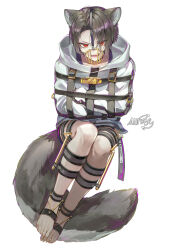 Rule 34 | 1girl, absurdres, animal ears, arms across body, barefoot, bound, bound arms, brown hair, crossed arms, full body, hair over one eye, highres, leg brace, looking at viewer, milgram, mirage (rairudiseu), muzzle (mask), red eyes, short hair, signature, solo, straitjacket, tail, very short hair, white background, yuzuriha kotoko