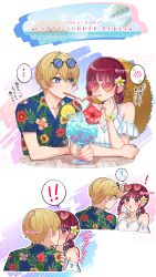 1boy 1girl absurdres arima_kana bare_shoulders beach bikini bikini_under_clothes blonde_hair blue_eyes blush bob_cut bracelet breasts cleavage collarbone commentary_request cup day dress drink drinking drinking_glass eyewear_lift flower flower_bracelet food hair_flower hair_ornament hat hawaiian_shirt heart heart-shaped_eyewear hetero highres hoshino_aquamarine if_they_mated inverted_bob junjonta kiss ocean oshi_no_ko ponytail red_eyes red_hair shared_drink shirt short-sleeved_shirt short_hair short_ponytail sky sleeveless sleeveless_dress soda straw_hat sunglasses swimsuit upper_body white_dress wristband