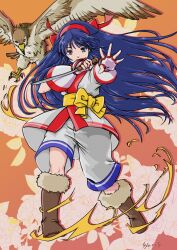 1girl ainu_clothes blue_eyes blue_hair boots breasts fighting_stance fingerless_gloves gloves hair_ribbon highres legs long_hair mamahaha nakoruru outstretched_arm pants ribbon samurai_spirits small_breasts snk the_king_of_fighters thighs weapon