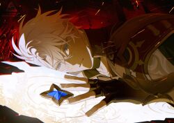 Rule 34 | 1boy, antenna hair, arm armor, armor, black choker, black gloves, blood, blood on face, blue eyes, choker, collarbone, crossed bangs, different reflection, fingerless gloves, fingernails, gloves, gold blood, hair between eyes, half-closed eyes, highres, honkai: star rail, honkai (series), injury, jacket, long sleeves, looking down, lying, male focus, on stomach, phainon (honkai: star rail), puddle, reflection, short hair, shoulder armor, solo, sun symbol, teeth, toru8w8, watermark, white hair, white jacket, yellow pupils