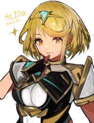 Rule 34 | 1girl, absurdres, blonde hair, bob cut, breasts, chest jewel, closed mouth, core crystal (xenoblade), earrings, fingerless gloves, floating earrings, gem, gloves, headpiece, highres, jewelry, large breasts, looking at viewer, pyra (xenoblade), red eyes, short hair, smile, solo, swept bangs, tarbo (exxxpiation), tiara, upper body, xenoblade chronicles (series), xenoblade chronicles 2