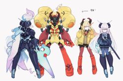 2girls absurdres arm_blade armarouge black_footwear blonde_hair blue_fire blue_hair boots ceruledge fire full_body gradient_hair gun highres holding holding_gun holding_sword holding_weapon hood hooded_jacket humanization jacket long_hair mechanization multicolored_hair multiple_girls nintendo pokemon pokemon_(creature) purple_hair red_footwear rein_(3313) simple_background sword translation_request weapon white_background yellow_jacket