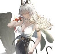 Rule 34 | 1girl, arm strap, bare shoulders, black choker, black horns, black pants, black tail, breasts, choker, closed mouth, collarbone, commentary, curled horns, demon tail, earrings, grey hair, hair between eyes, high-waist pants, highres, horns, jewelry, key earrings, large breasts, long hair, looking at viewer, mole, mole on breast, necktie, necktie around wrists, pants, red eyes, red necktie, sha01twinkle, shirt, shirt tucked in, simple background, solo, tail, white background, white shirt, wuthering waves, zani (wuthering waves)
