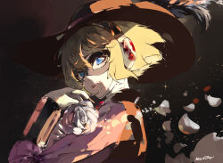 1girl aigis_(persona) android blonde_hair blue_eyes cavalier_hat cosplay domino_mask flower hat hat_feather highres looking_at_viewer mask neo_(blazykun) noir_(persona_5) okumura_haru okumura_haru_(cosplay) persona persona_3 persona_5 pink_shirt robot_girl rose shirt signature solo white_flower white_rose