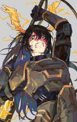 Rule 34 | 1boy, anger vein, angry, antlers, aqua eyes, armor, armored boots, baihuahua5441, belt, black armor, black eyes, black gloves, black hair, black undershirt, blood, blood from forehead, blood from mouth, blood on face, boots, breastplate, clenched teeth, commentary, cowboy shot, elbow pads, electricity, english commentary, fang, furrowed brow, gloves, grey background, half updo, heterochromia, high ponytail, highres, holding, holding weapon, hong lu (project moon), horns, limbus company, long hair, looking at viewer, male focus, ponytail, project moon, r corp. (identity) (project moon), red pupils, shoulder armor, simple background, solo, sweat, teeth, weapon