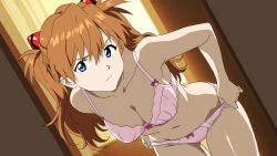 Rule 34 | 1girl, :/, bent over, blue eyes, bra, breasts, brown hair, censored, cleavage, clothes pull, curvy, dutch angle, highres, jaaaan, lifting own clothes, long hair, looking at viewer, medium breasts, narrow waist, navel, neon genesis evangelion, panties, panty pull, pink bra, pink panties, solo, souryuu asuka langley, tsundere, underwear, underwear only, undressing