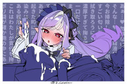 1futa 1girl belle_(zenless_zone_zero) blush bulge cum cum_on_clothes cum_on_self ear_blush earrings erection erection_under_clothes futa_with_female futanari grey_hair heart heart-shaped_pupils highres jewelry long_hair long_sleeves looking_at_bulge mirin_chikuwa mole mole_under_eye multicolored_hair open_mouth pointy_ears purple_hair red_eyes single_thighhigh skirt solo_focus streaked_hair symbol-shaped_pupils text_background thighhighs vivian_banshee wiping zenless_zone_zero