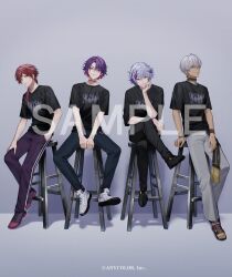 Rule 34 | 4boys, arm support, between legs, black choker, black pants, black sash, black shirt, black shoes, blue eyes, bracelet, brown pants, brown sandals, choker, closed mouth, colored inner hair, copyright notice, crossed legs, curtained hair, dark-skinned male, dark skin, dress shoes, ear piercing, earrings, full body, fuwa minato, green eyes, grey background, grey hair, grey pants, hair between eyes, hair intakes, hair over shoulder, hand between legs, hand in pocket, hand on own knee, head on hand, head rest, high tops, ibrahim (nijisanji), inaotteko ze, jewelry, lauren iroas, lineup, long hair, looking at viewer, low ponytail, male focus, multicolored hair, multiple boys, nijisanji, official art, pants, parted lips, piercing, pink hair, ponytail, print shirt, purple eyes, purple hair, red hair, sample watermark, sandals, sash, shadow, shirt, shoes, short hair, short sleeves, sideways glance, simple background, sitting, smile, sneakers, stool, streaked hair, swept bangs, t-shirt, triangle earrings, two-tone hair, virtual youtuber, watarai hibari, watermark, white shoes, wristband, yellow eyes