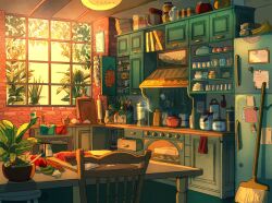 Rule 34 | blender (object), brick wall, broom, cabinet, carrot, chair, commentary, cutting board, day, drawer, english commentary, faucet, food, garlic, highres, icandrawthingz, indoors, jar, kitchen, meat, no humans, open drawer, original, oven, oven mitts, plant, potted plant, refrigerator, rolling pin, scenery, sink, sunlight, table, teapot, toaster, utensil, vegetable, vines, window