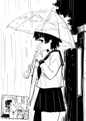 1girl black_umbrella blunt_bangs blush greyscale highres holding holding_umbrella konchiki long_sleeves monochrome neckerchief oil-paper_umbrella original parasol pleated_skirt rain red_umbrella sailor_collar school_uniform serafuku shared_umbrella short_hair skirt transparent transparent_umbrella umbrella
