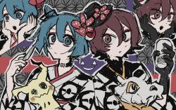2girls absurdres black_gloves black_hat blue_eyes blue_hair brown_eyes brown_hair closed_mouth creatures_(company) cubone cup flower game_freak gen_1_pokemon gen_7_pokemon gloves hair_flower hair_ornament hand_up hat hat_flower hatsune_miku highres holding holding_cup holding_knife japanese_clothes kimono knife meiko_(vocaloid) mimikyu multiple_girls nintendo parted_lips pokemon pokemon_tower_ghost project_voltage seriyaki110 short_hair vocaloid white_kimono
