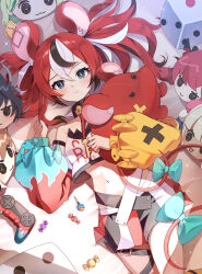 1girl absurdres animal_ear_fluff animal_ears asymmetrical_clothes asymmetrical_legwear asymmetrical_sleeves bare_shoulders belt black_collar black_hair black_skirt blue_eyes blush bow breasts candy ceres_fauna cheese chupa_chups clothes_writing collar controller crop_top detached_sleeves dice ear_ornament food game_controller hair_ornament hakos_baelz hakos_baelz_(1st_costume) highres hololive hololive_english irys_(hololive) jewelry key key_necklace kneehighs layered_sleeves lollipop long_sleeves looking_at_viewer lying midriff miniskirt mismatched_legwear mouse_ears mouse_girl mouse_tail mr._squeaks_(hakos_baelz) multicolored_hair multicolored_skirt nanashi_mumei navel necklace off-shoulder_shirt off_shoulder on_back ouro_kronii pleated_skirt pout puffy_detached_sleeves puffy_long_sleeves puffy_sleeves red_hair red_skirt red_sleeves ribbon shirt short_hair short_over_long_sleeves short_sleeves skirt small_breasts smol_fauna smol_irys smol_kronii smol_mumei smol_sana socks solo spiked_collar spikes strapless strapless_shirt streaked_hair stuffed_animal stuffed_toy tail tail_bow tail_ornament tail_ribbon tissue_(syu_rmfla) tsukumo_sana tube_top twintails virtual_youtuber white_hair white_shirt white_skirt yellow_bow yellow_sleeves