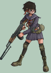 1girl absurdres black_hair boots commentary_request elbow_pads female_focus full_body glasses gun highres holding holding_gun holding_weapon knee_pads korean_commentary light_machine_gun machine_gun messy_hair original rifleman1130 rpk school_uniform serafuku short_hair simple_background solo thighhighs weapon