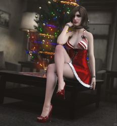 1girl 3d artist_request bare_legs bare_shoulders breasts brown_hair christmas cleavage dress eileen_galvin full_body highres lips looking_at_viewer medium_breasts red_dress shiny_skin short_hair silent_hill silent_hill_(series) silent_hill_4:_the_room sitting solo standing thighs wide_hips