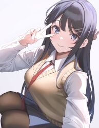 absurdres blue_eyes hair_ornament hairclip highres pantyhose sakurajima_mai seishun_buta_yarou selfie skirt smile sweater_vest v yuuka1127t