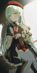 1girl absurdres bang_dream! bang_dream!_it&#039;s_mygo!!!!! beret black_pantyhose blush coria dress expressionless hat highres holding holding_stuffed_toy jacket long_hair long_sleeves looking_at_viewer open_clothes open_jacket pantyhose red_hat sitting solo stuffed_animal stuffed_toy teddy_bear wakaba_mutsumi
