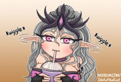 1girl bare_shoulders breasts cleavage commentary cup disposable_cup drinking drinking_straw ear_wiggle fingerless_gloves gloves grey_hair grimace_shake_(meme) holding holding_cup idiot_of_the_east large_breasts meme pink_eyes pointy_ears slaanesh solo upper_body warhammer_40k watermark web_address